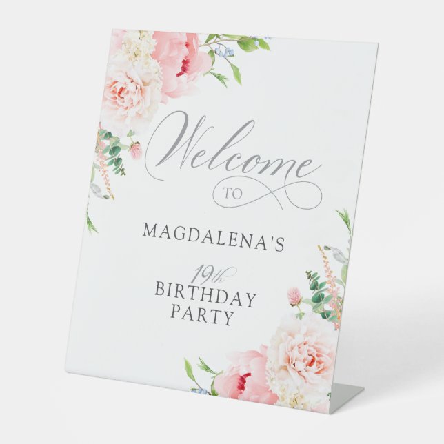 19. Geburtstagsparty Elegant Rosa Blumen Willkomme Sockelschild (Vorderseite)