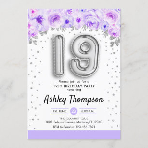 19. Geburtstagsparty - Silberballons Lavendel Einladung