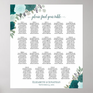 19 Tabelle Aquamarin & Aqua Floral Hochzeitskarte Poster