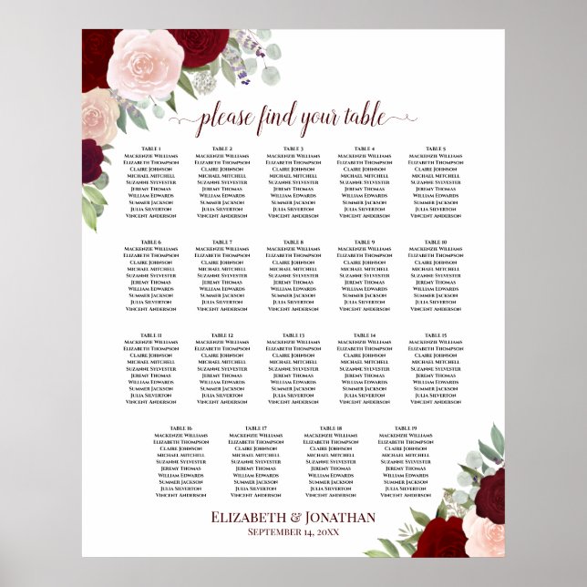 19 Tabelle Burgundy Red & Blush Bloral Seating Cha Poster (Vorne)