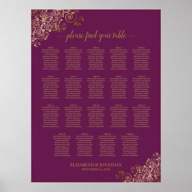 19 Tabelle Cassis Lila Gold Wedding Seating Chart Poster (Vorne)