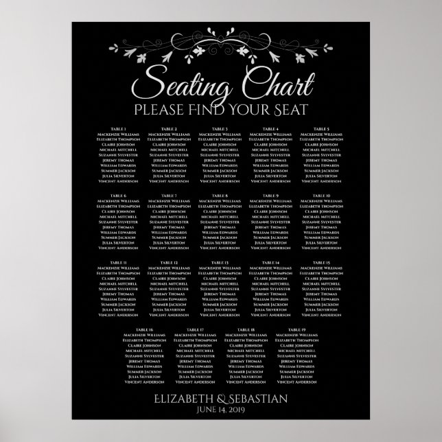 19 Tabelle Elegant Black Wedding Seating Chart Poster (Vorne)