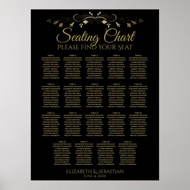 19 Tabelle Elegant Gold Black Wedding Seating Char Poster (Vorne)