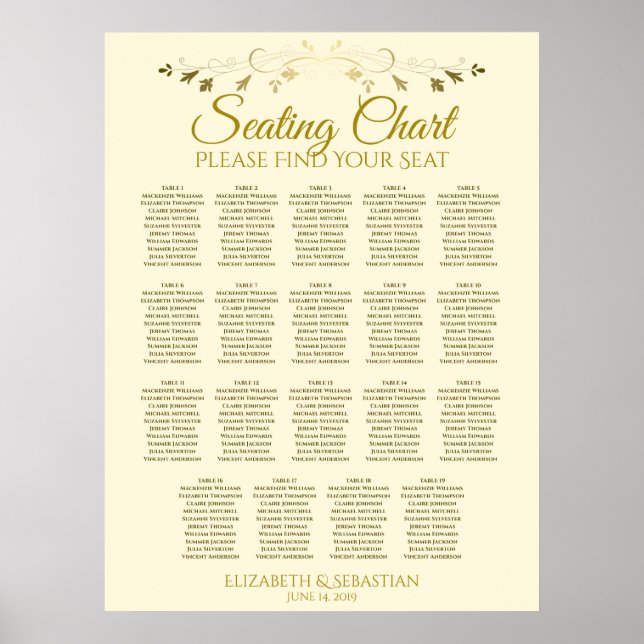 19 Tabelle Elegant Gold Cream Wedding Chart Poster (Vorne)