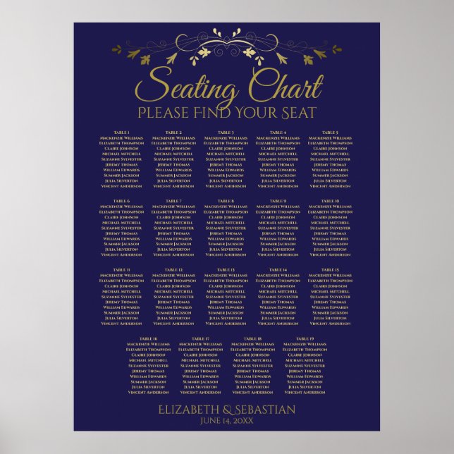19 Tabelle Elegant Gold & Navy Hochzeitskarte Poster (Vorne)
