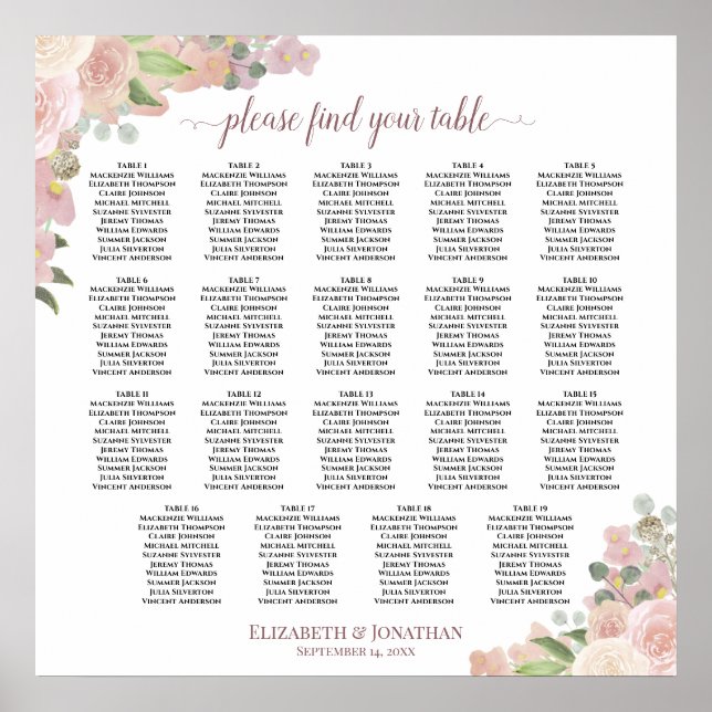 19 Tabelle Elegant Rosa Blumenkarte Poster (Vorne)