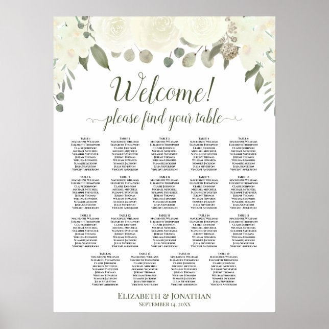 19 Tabelle Elfenbeinweiße Rosen Hochzeitstabelle Poster (Vorne)