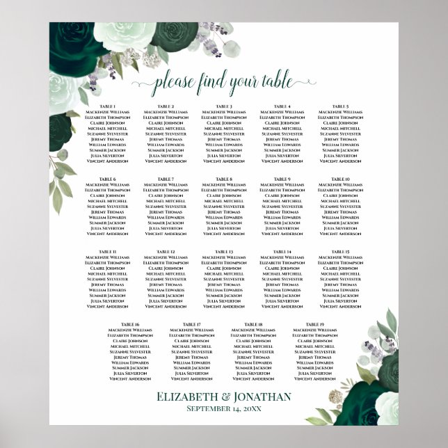 19 Tabelle Emerald Floral Chic Hochzeitsdiagramm Poster (Vorne)