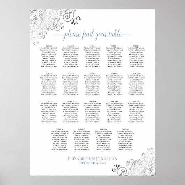 19 Tabelle Frily Wedding Seating Chart White & Blu Poster (Vorne)