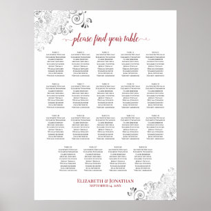 19 Tabelle Frily Wedding Seating Chart White & Red Poster