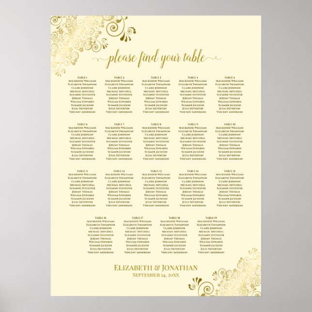 19 Tabelle Gold Frills Cream Wedding Seating Chart Poster (Vorne)