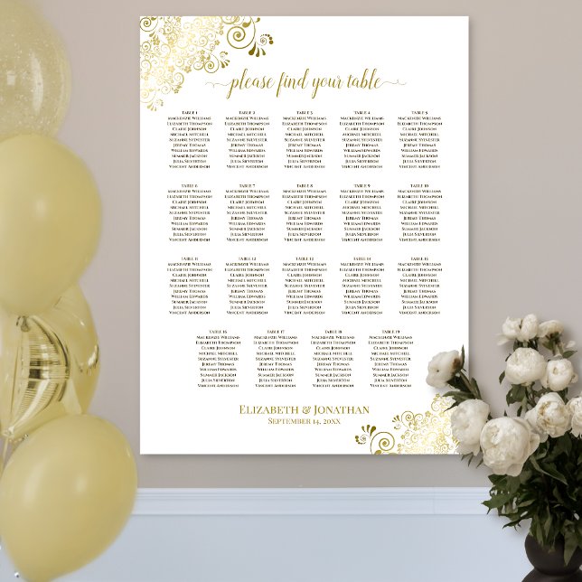 19 Tabelle Gold Frills White Wedding Seating Chart Poster (In Situ on Wall)