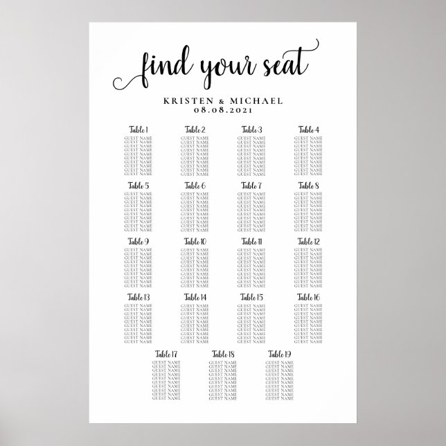 19 Tabelle Große Hochzeitgastsitzkarte Poster (Vorne)