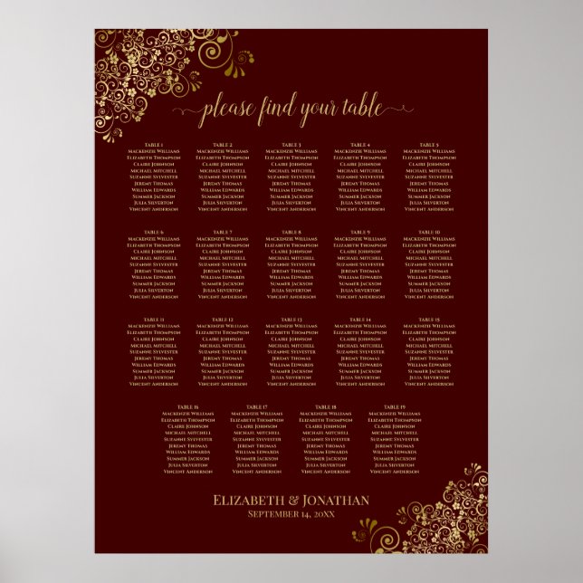 19 Tabelle Lacy Gold & Auburn Seating Chart Poster (Vorne)