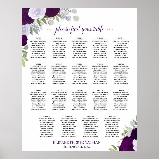 19 Tabelle Lila Blumenchic Hochzeitstabelle Poster (Vorne)