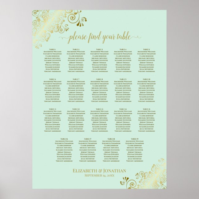 19 Tabelle Minze Green & Gold Hochzeitskarte Poster (Vorne)