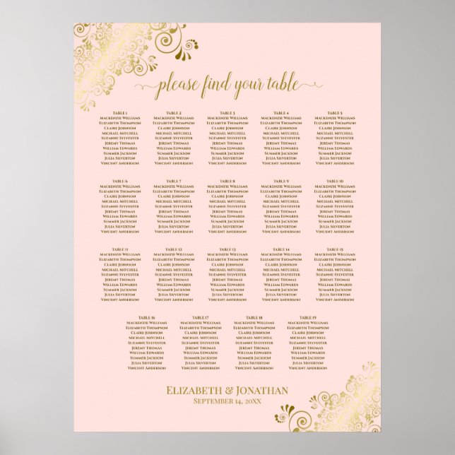 19 Tabelle Rosa und Gold Hochzeitskarte Poster (Vorne)