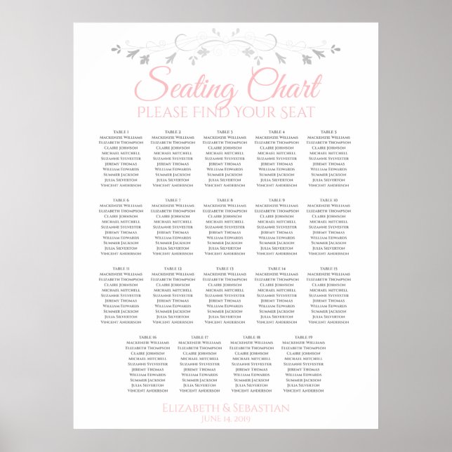 19 Tabelle Rosa und Grau Hochzeitstabelle Poster (Vorne)