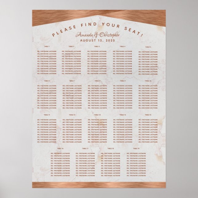 19 Tabelle Seating Chart Hochzeitskulptur Marmorku Poster (Vorne)