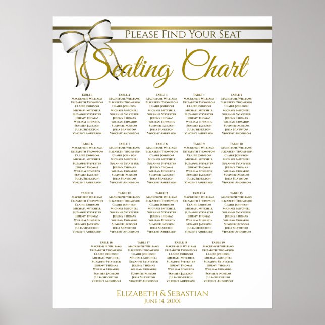 19 Tabelle White & Gold Ribbon Hochzeitstabelle Poster (Vorne)