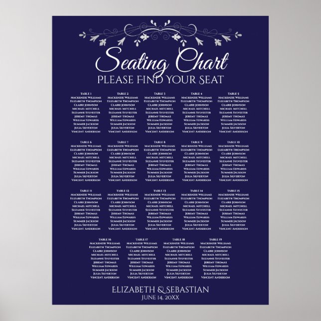 19 Table Elegant Navy Blue Wedding Seating Chart Poster (Vorne)