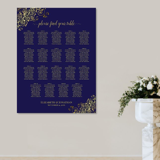 19 Table Lacy Gold Navy Blue Wedding Seating Chart Poster (On Wall)