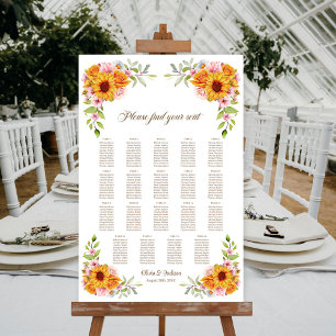 19 Tische Sonnenblume Rose Hochzeit Sitzplan Poster