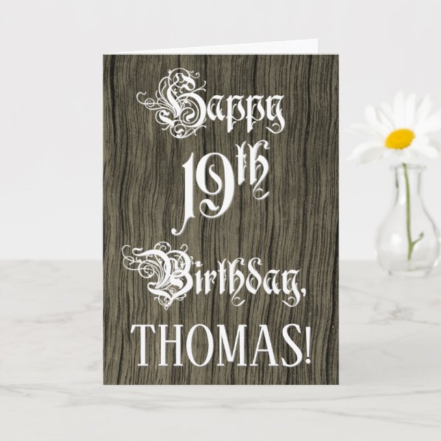 19th Birthday: Fancy, Elegant Text; Faux Wood Look Karte (Kleine Pflanze)