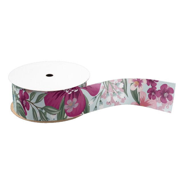 1,5" Grosgrain Ribbon tropische Blume auf Blue Omb Ripsband (Spule)