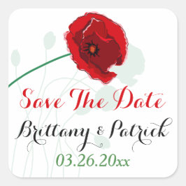 1,5" Hochzeitsticker 2 | Roter Mohn | Schwarz, Grü Quadratischer Aufkleber