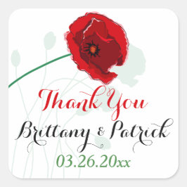 1,5" Hochzeitsticker 3 | Roter Mohn | Schwarz, Grü Quadratischer Aufkleber