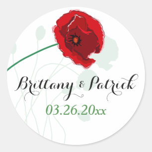 1,5" Hochzeitsticker Roter Mohn Schwarz, Grün Runder Aufkleber