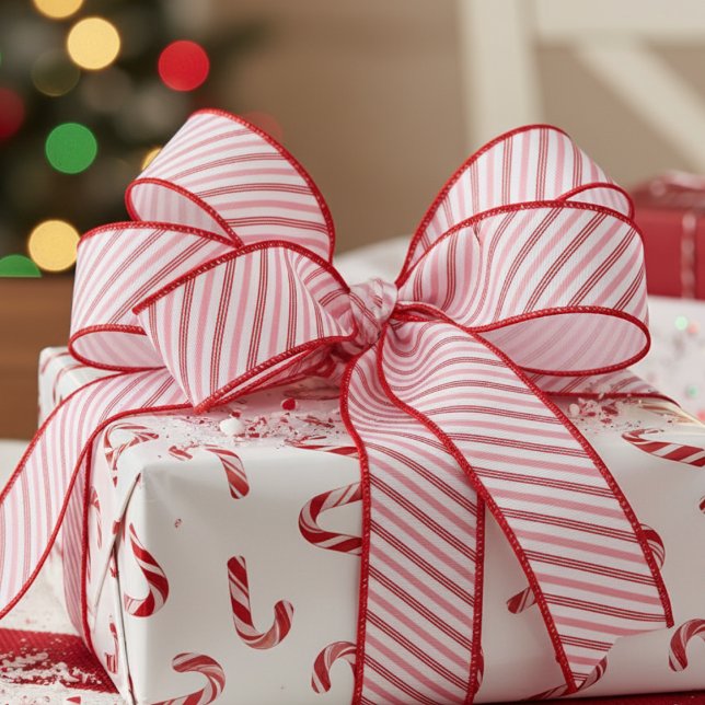 1.5" Pink and Red Candy Cane Striped Xmas Ripsband (Cute Red and Pink Candy Cane Stripes Festive Christmas Ribbon for Her. Trendy Pinstripe Xmas Pattern)