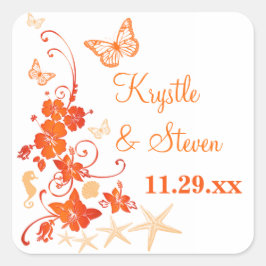1,5" Sand, Orange, weißer tropischer Hochzeitstick Quadratischer Aufkleber
