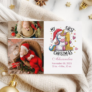 1. Baby Christmas 2 Foto Pink Gold Unicorn Feiertagskarte