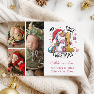 1. Baby Christmas 3 Foto Pink Gold Unicorn Feiertagskarte