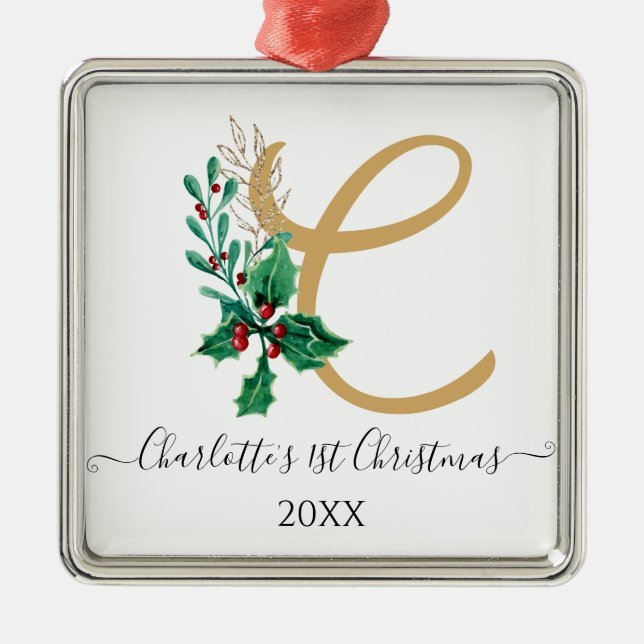 1. Baby First Christmas Monogram Holly Berry Gold Ornament Aus Metall (Vorne)