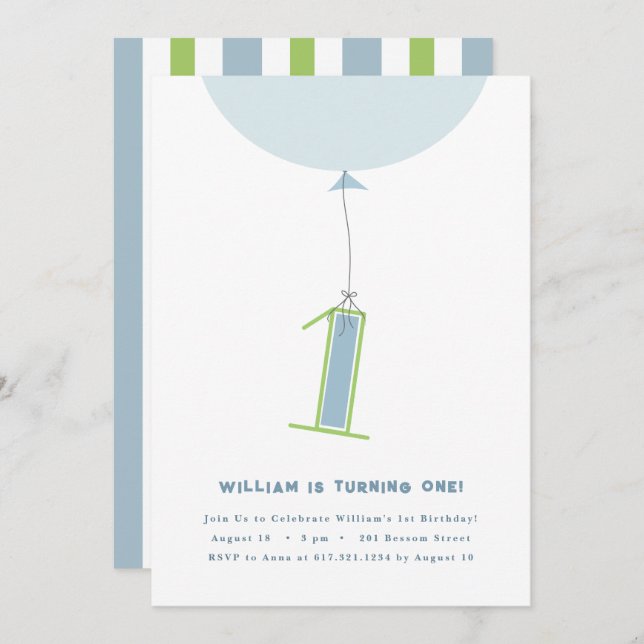 #1 Balloon Erster Geburtstag Einladung (Vorne/Hinten)
