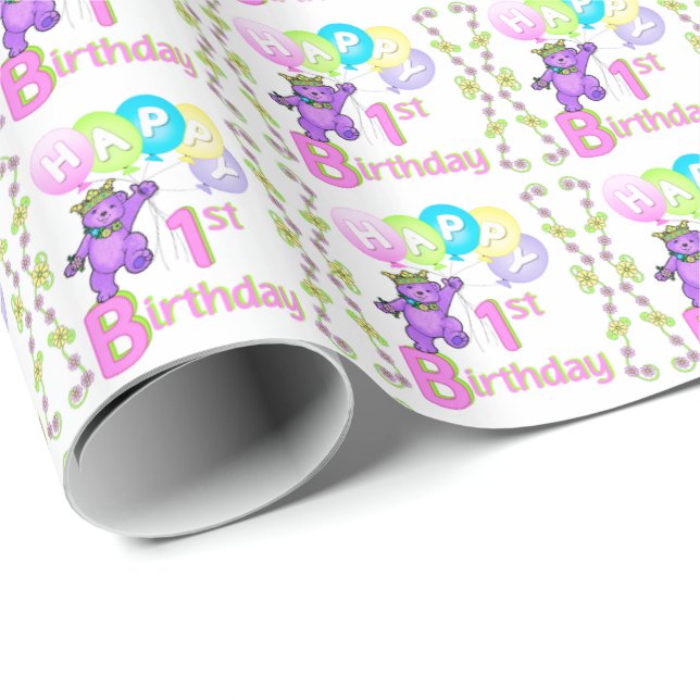 1. Bären Geburtstags-lila Prinzessin-Teddy Geschenkpapier (Rolleneckpunkt)