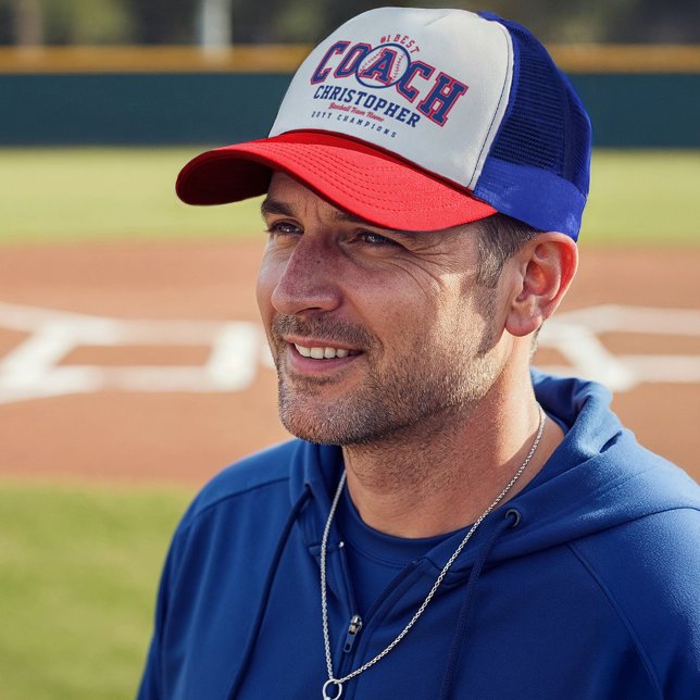 #1 Bester Baseball-Trainer Lustiger Eigenname Team Truckerkappe (#1 Best Baseball Coach Fun Custom Name Team & Year Trucker Hat)