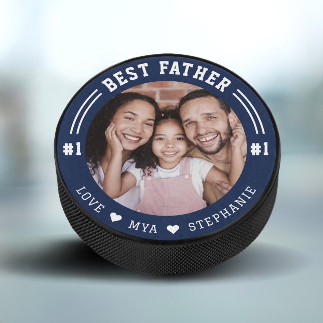 #1 Bestes Vater-Foto Bewahren kundenspezifisches F Eishockey Puck (#1 Best Father Photo Keepsake Custom Photo & Names Navy Blue Hockey Puck)