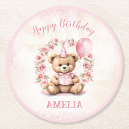 1. Birthday Bear Pink Roses Round Paper Untersetze Runder Pappuntersetzer