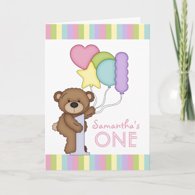 1. Birthday Bear Rainbow Stripes and Balloons Karte (Vorderseite)