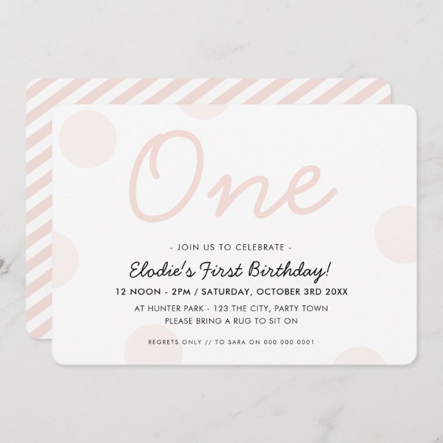 1. BIRTHDAY PARTY Baby Pink Girl 1 Polka Punkte Einladung (Vorne/Hinten)