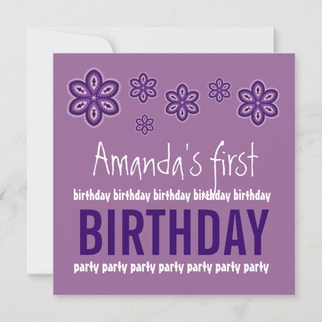 1. Birthday Purple Flowers Individuelle Name Templ Einladung (Vorderseite)