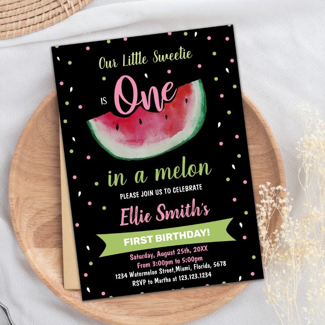 1. Black Green Watermelon Geburtstag Einladungen (1st Black Green Watermelon Birthday Invitations)