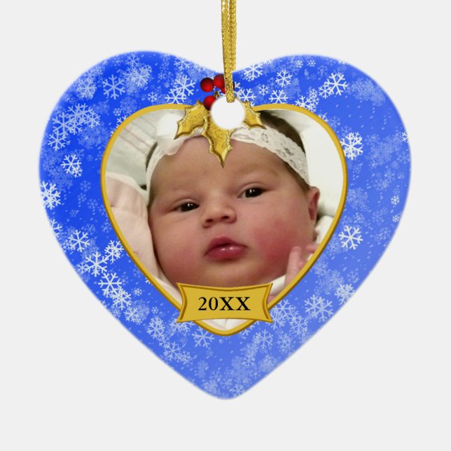1. Blau des Babys Weihnachtsund GoldFoto Keramik Ornament (Vorne)