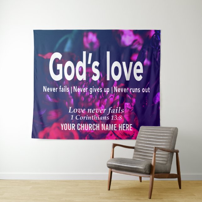 1 Cor 13:8 GOTTES LIEBE VERSAGE Kirche NIE Wandteppich (Beispiel (Horizontal))