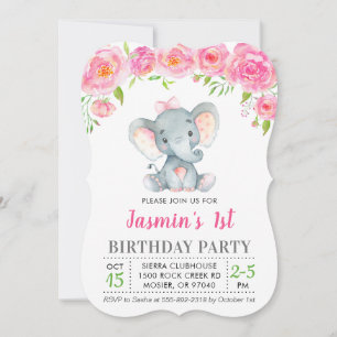 1. Erster Geburtstag Mädchen Floral Rosa Elefant P Einladung