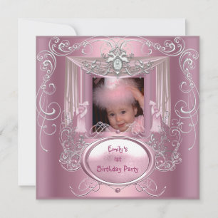 1. Erster Geburtstagsparty Mädchen Rosa Silber Ste Einladung